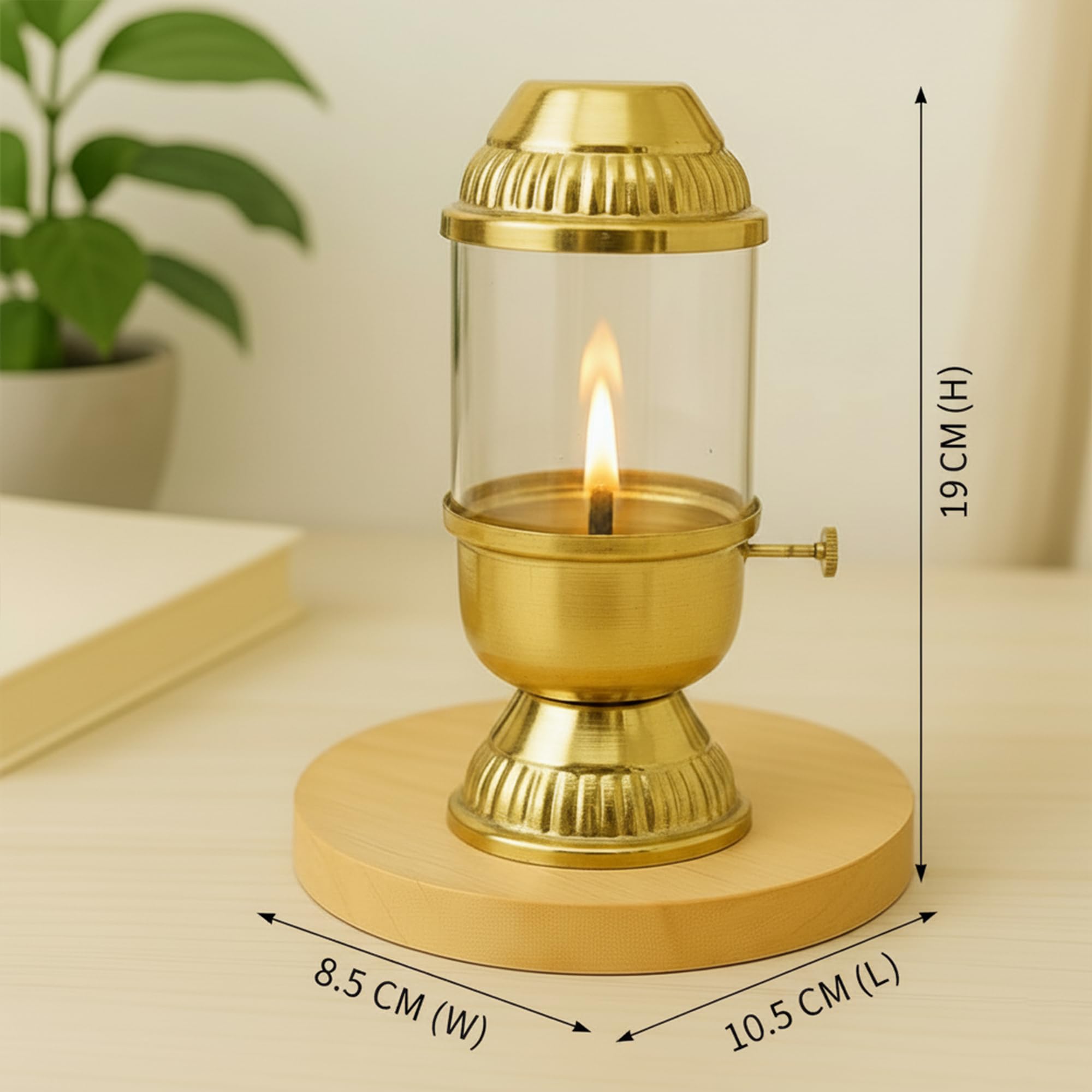 100% Pure Brass Akhand Diya with Adjustable bati Knob, Wick Lifting Screw Lever, Glass Cover (DFBS569)
