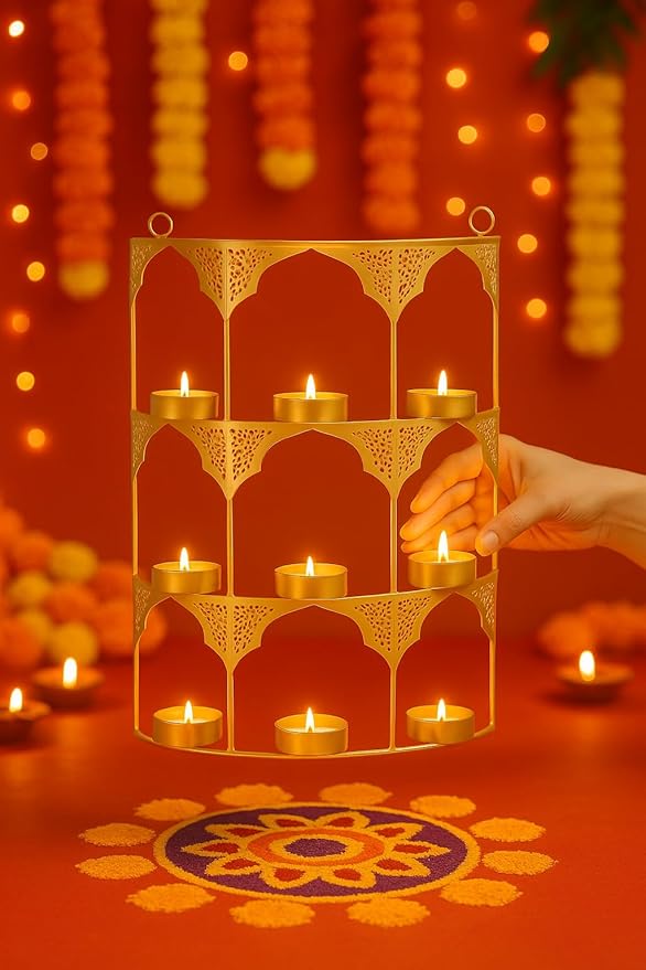 Tealight Candle Holder, Festiva Decor Diwali Decoration for Home, Wall Hanging Metal Jharokha Tealight Candle Holder Stand Frame Christmas Diwali Gift Items for Family Friends(TCMH492-1BOX)