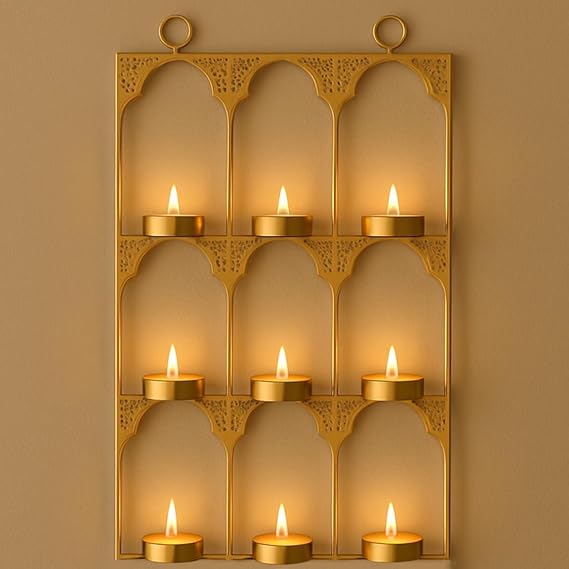 Tealight Candle Holder Festive Decor,Wall Mounted Iron Tealight Candle Holder Stand Frame for Home Christmas Diwali Decoration Items, Diwali Gift Items, Wall Decor, Pooja Decoration Items(TCMH490-1BOX)