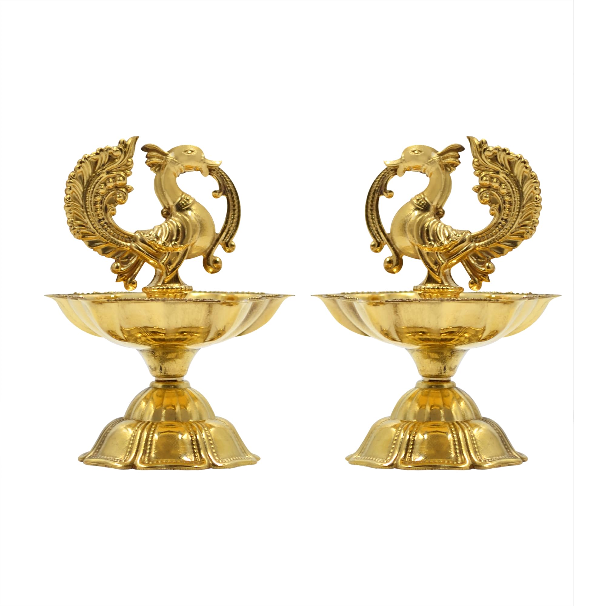 Peacock Design Brass Diya Set of 2, Kuthu Vilakku for Temple, Oil Wick Lamp (DFBS568-2)