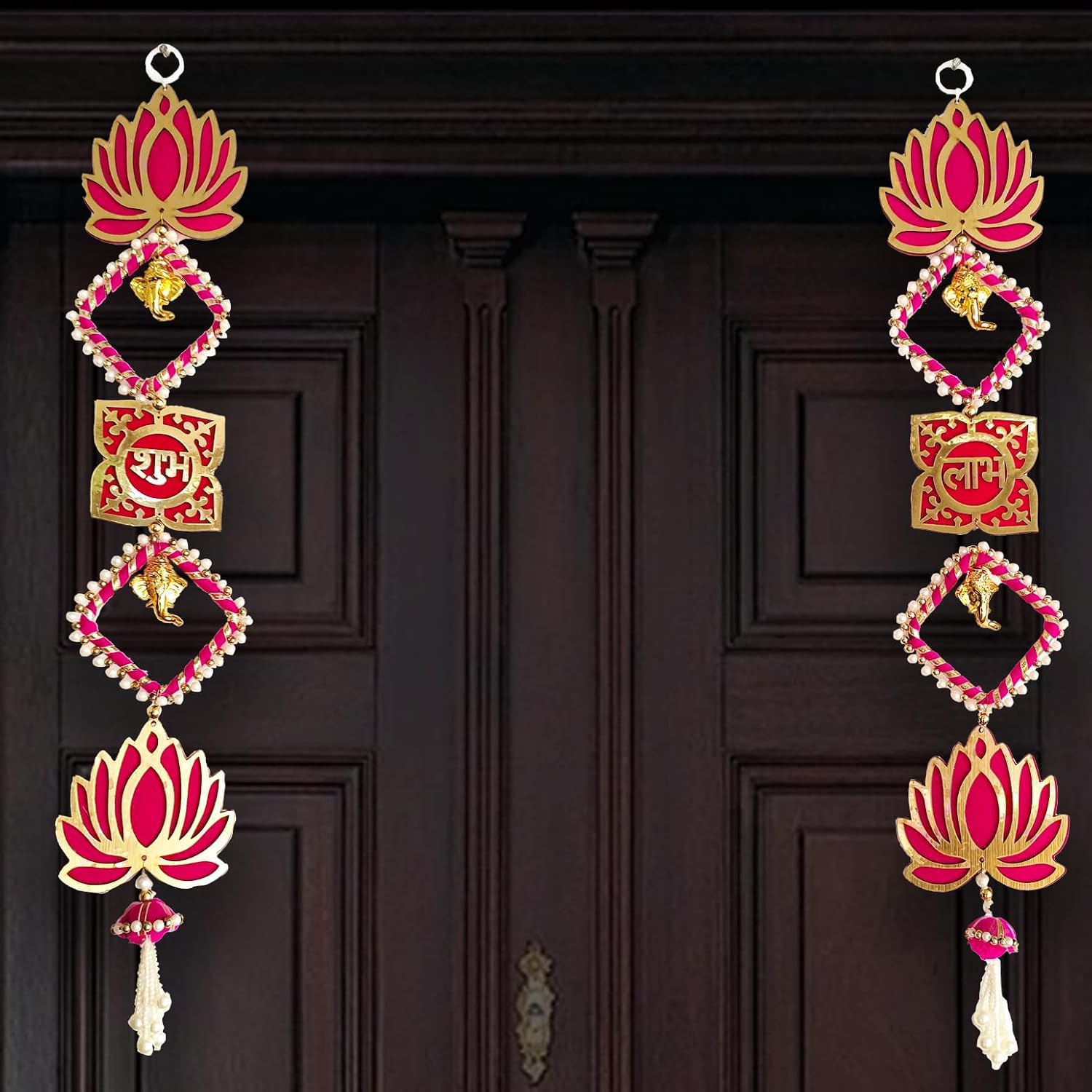 Wall Door Hanging Lotus Ganesha Shubh Labh Latkan Toran for Pooja Room Home Decor ( LTKN122-1 SET)