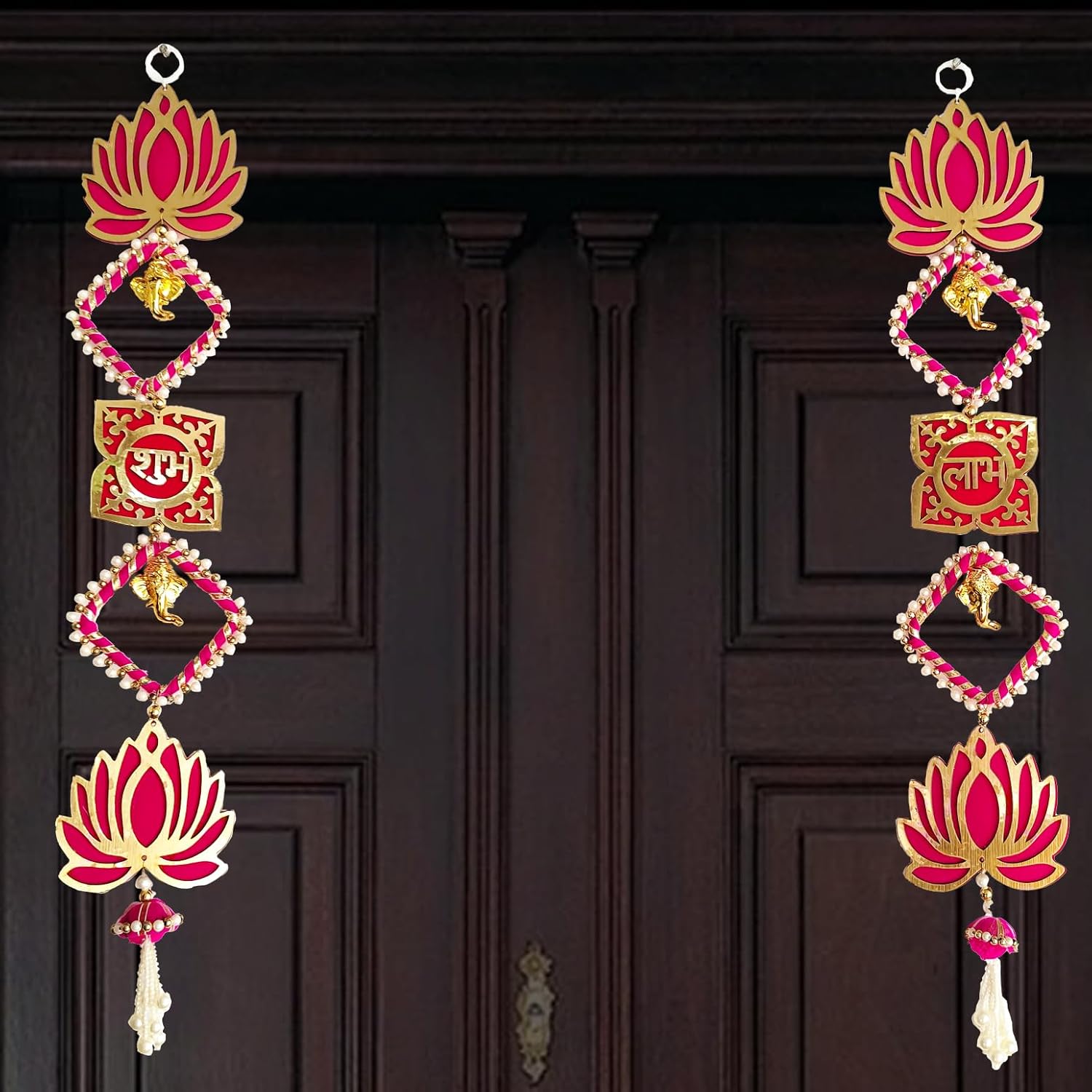 Wall Door Hanging Lotus Ganesha Shubh Labh Latkan Toran for Pooja Room Home Decor ( LTKN122-1 SET)