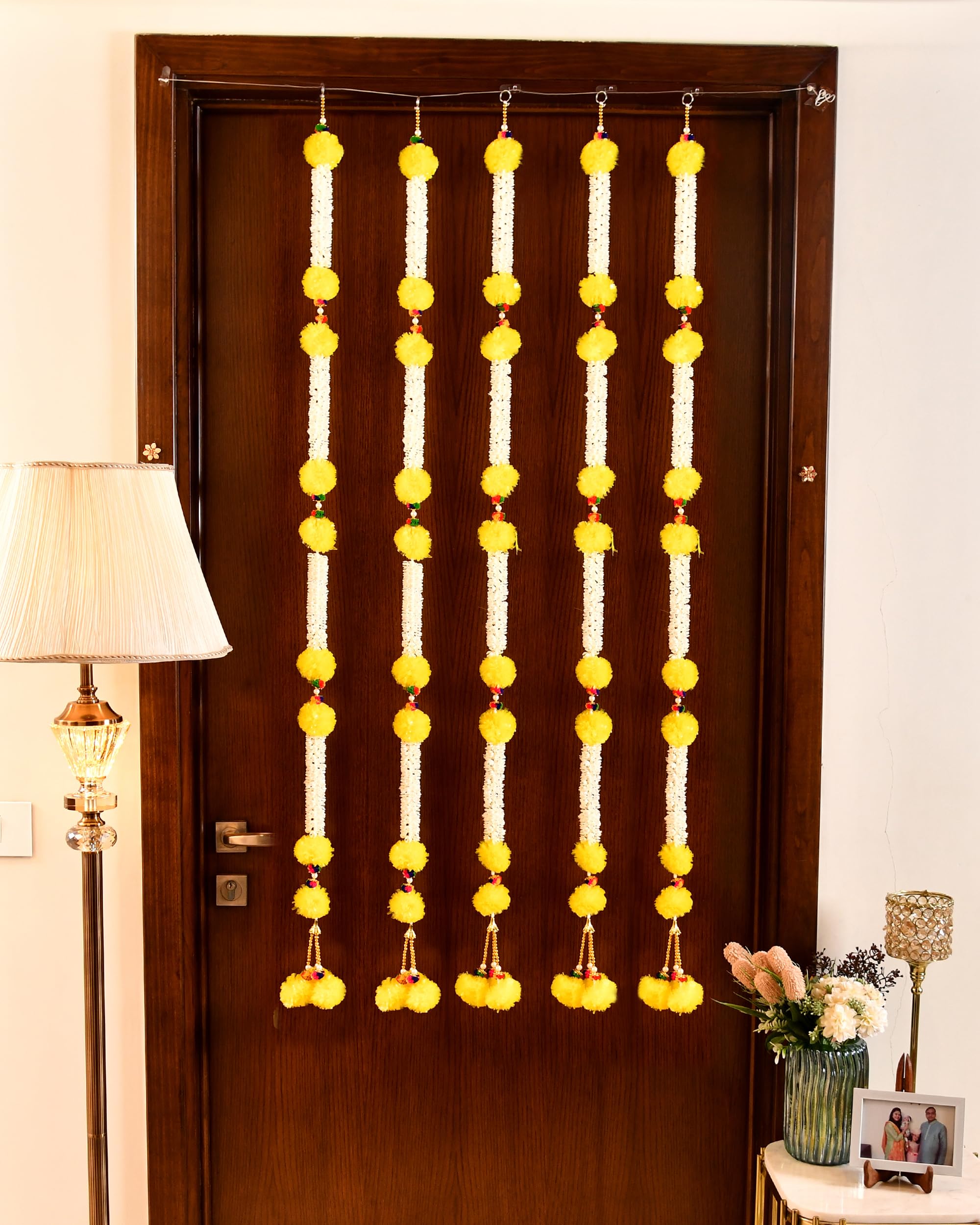 Pack of 5 Artificial Fluffy Marigold Flower Mogra Jasmine Strings Hanging Latkan ( LTKN148-5)