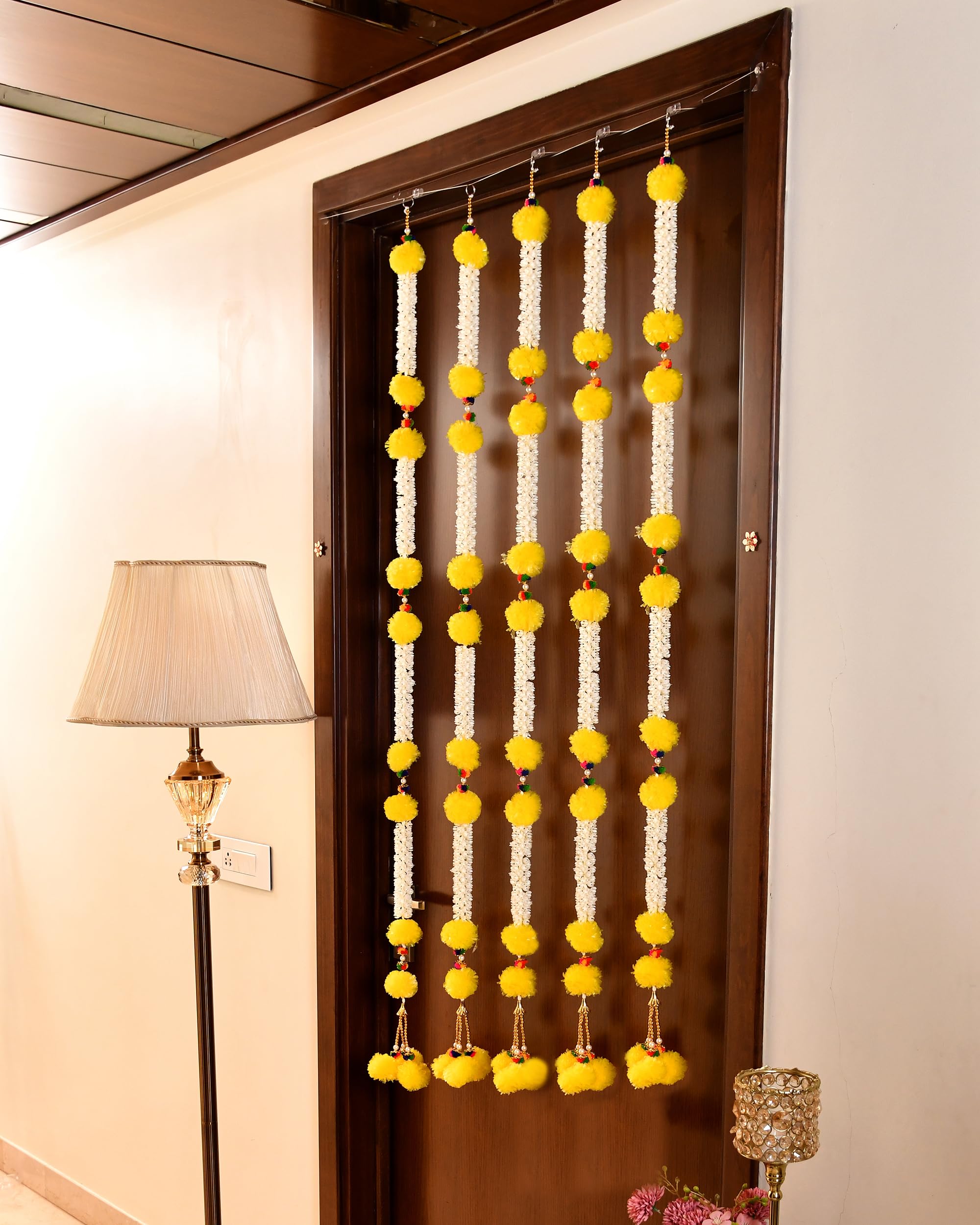 Pack of 5 Artificial Fluffy Marigold Flower Mogra Jasmine Strings Hanging Latkan ( LTKN148-5)