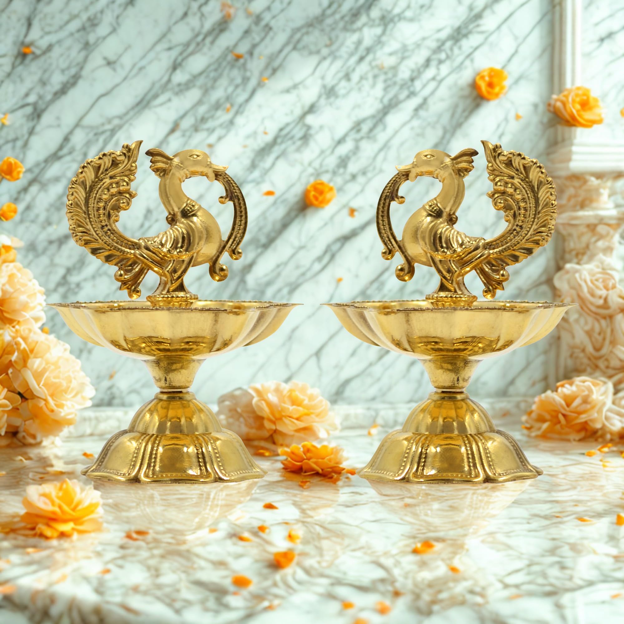 Peacock Design Brass Diya Set of 2, Kuthu Vilakku for Temple, Oil Wick Lamp (DFBS568-2)