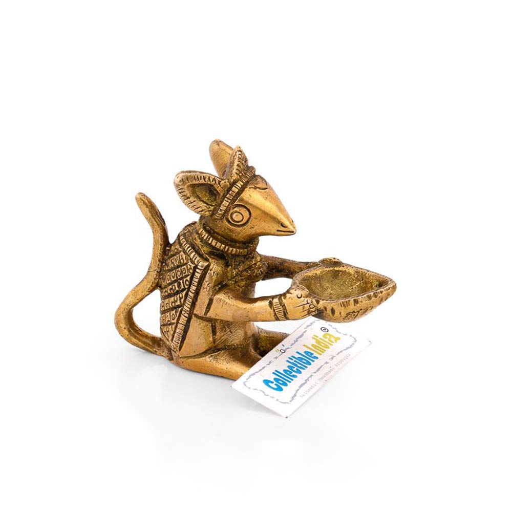 Brass Mouse Holding Diya Oil Lamp Stand Showpiece
