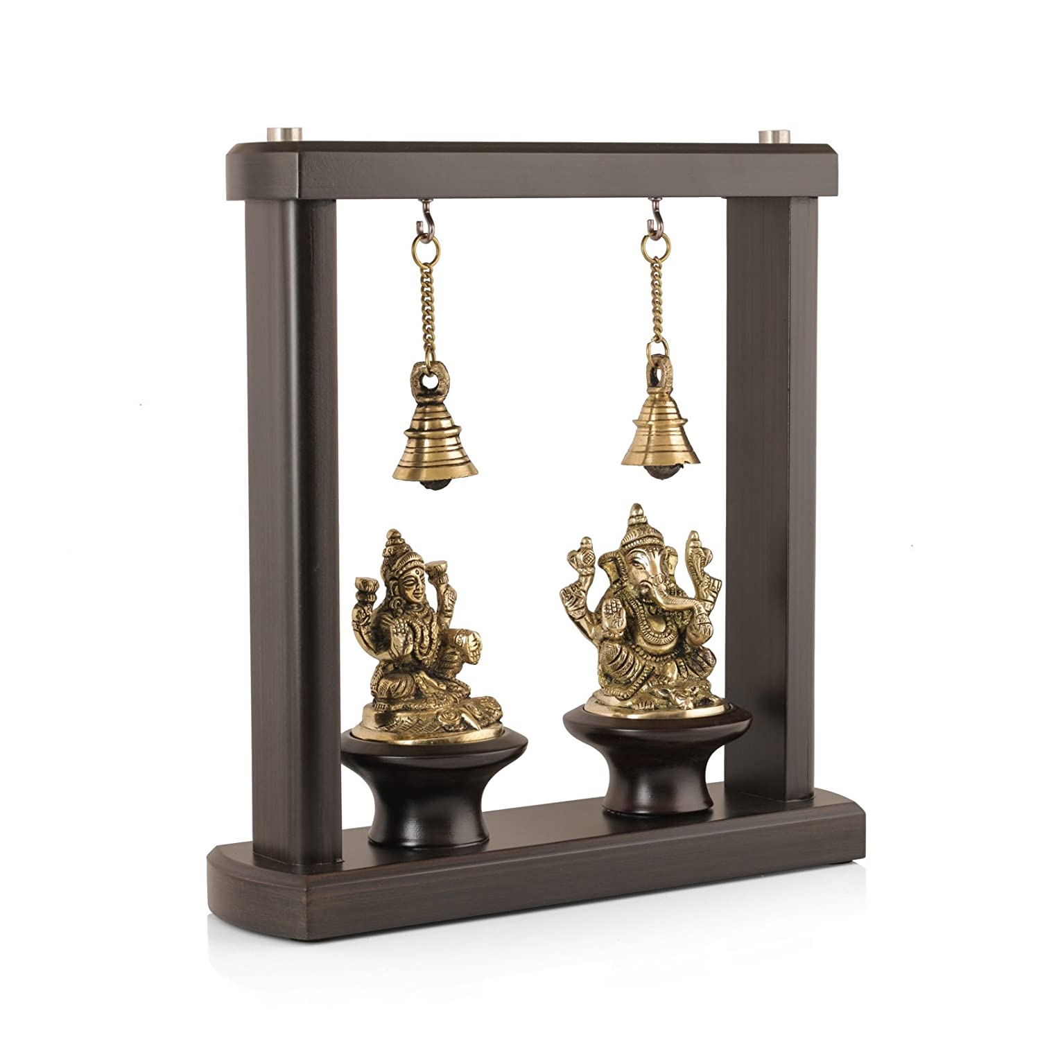 Brass Lakshmi Ganesha Idol Murti With Hanging Bells Wooden Base Statue