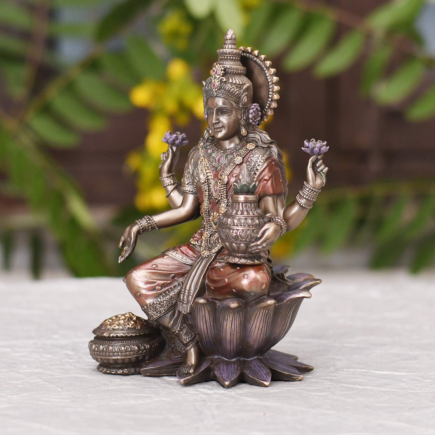Bronze Goddess Lakshmi Maa Idol Sitting on Lotus Statue