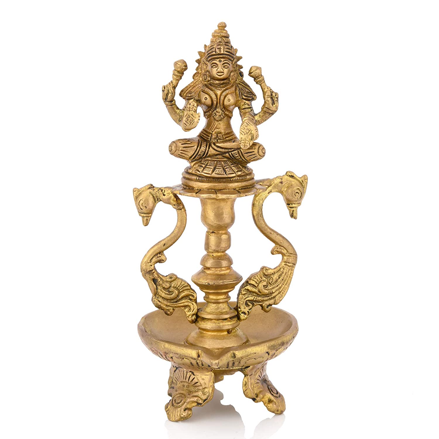 Brass Laxmi Idol Peacock Diya Oil Lamp Stand Showpiece