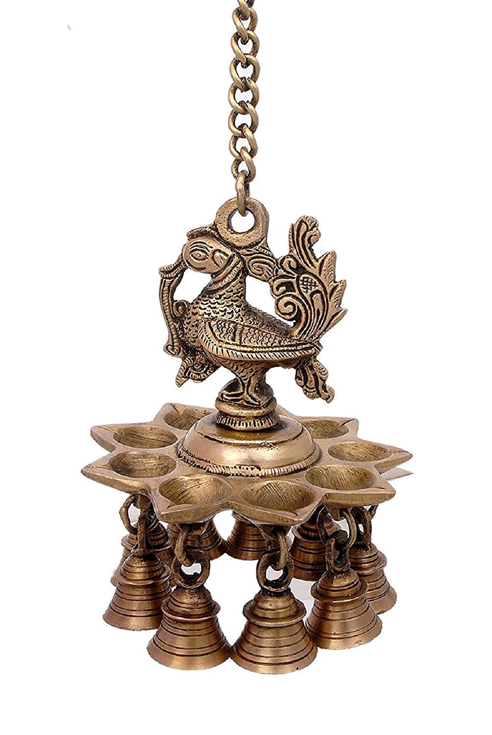 Brass Peacock Diya Oil Lamp With Bells Hanging Showpiece