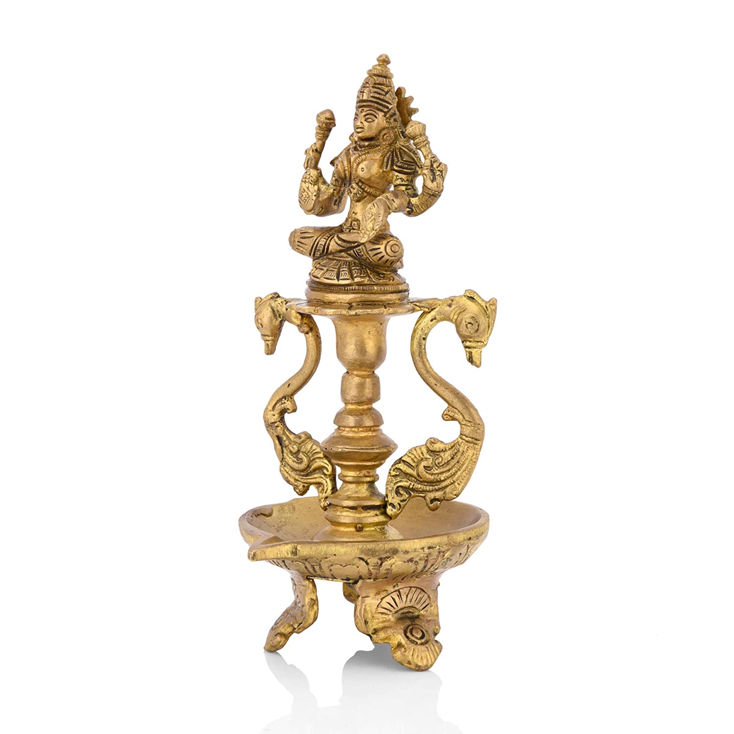 Brass Laxmi Idol Peacock Diya Oil Lamp Stand Showpiece