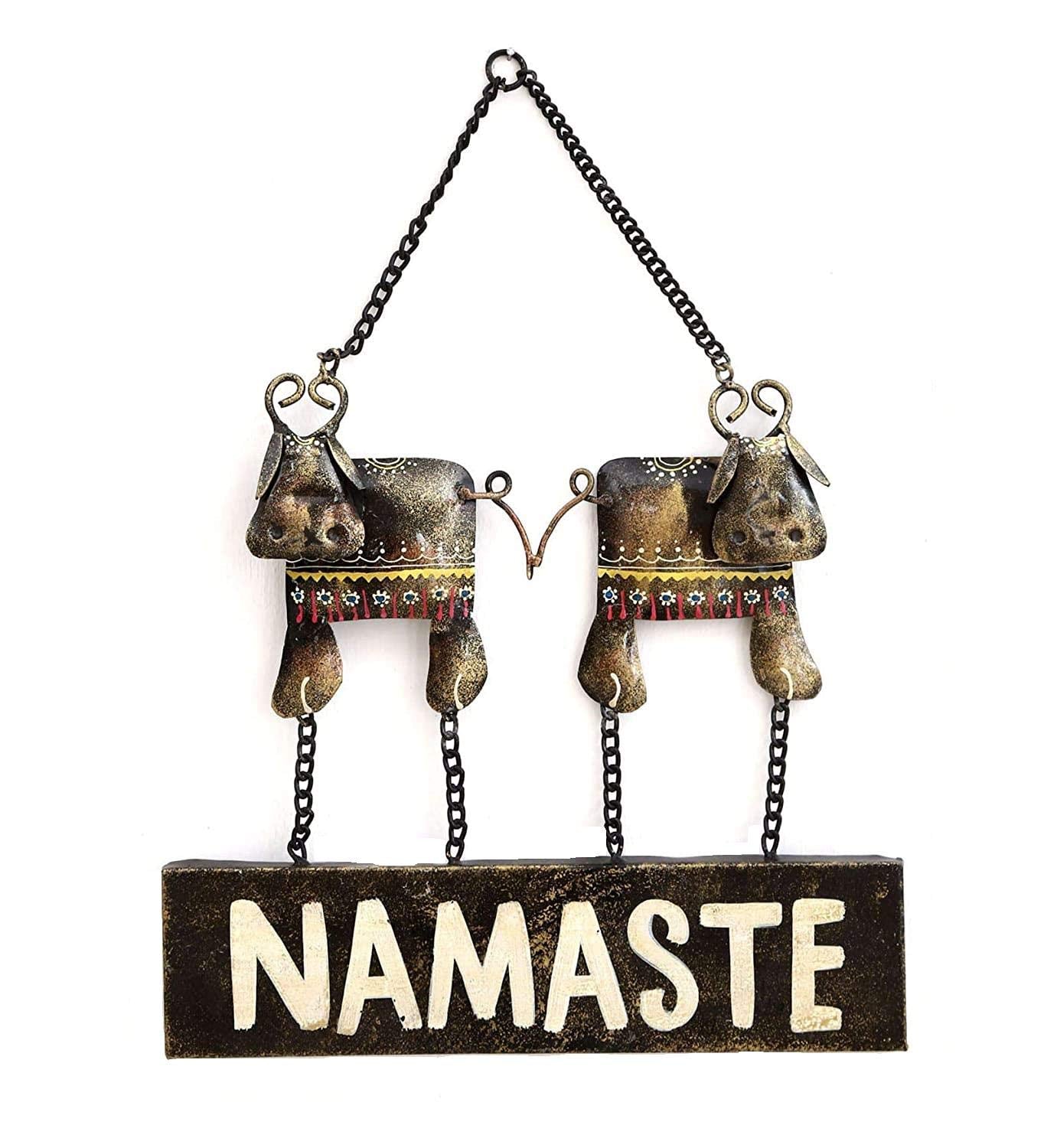 Twin Cow Namaste Board Metal Wall Door Hanging, Wall Art Decor, Wall Decoration Showpiece