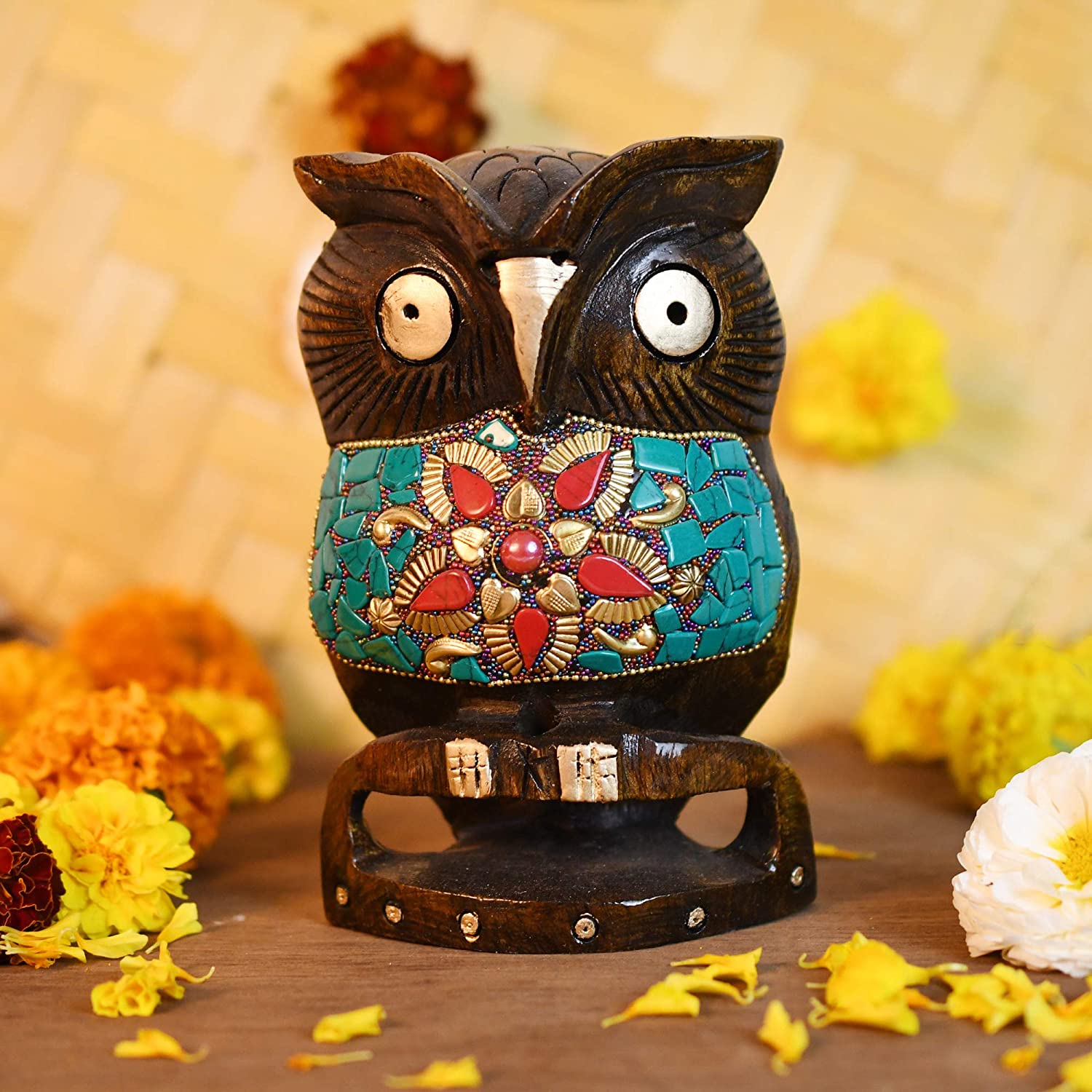Wooden Carving Hand-painted Owl Statue With Multicolored