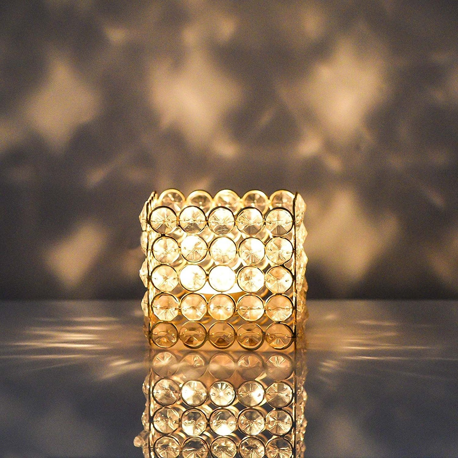 Metal Golden Crystal Lantern Tealight Candle Holder Stand Showpiece