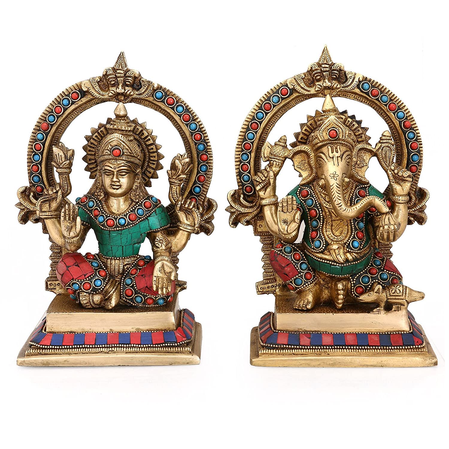 Brass Laxmi Ganesha Idol Murti Sitting On Singhasan Statue