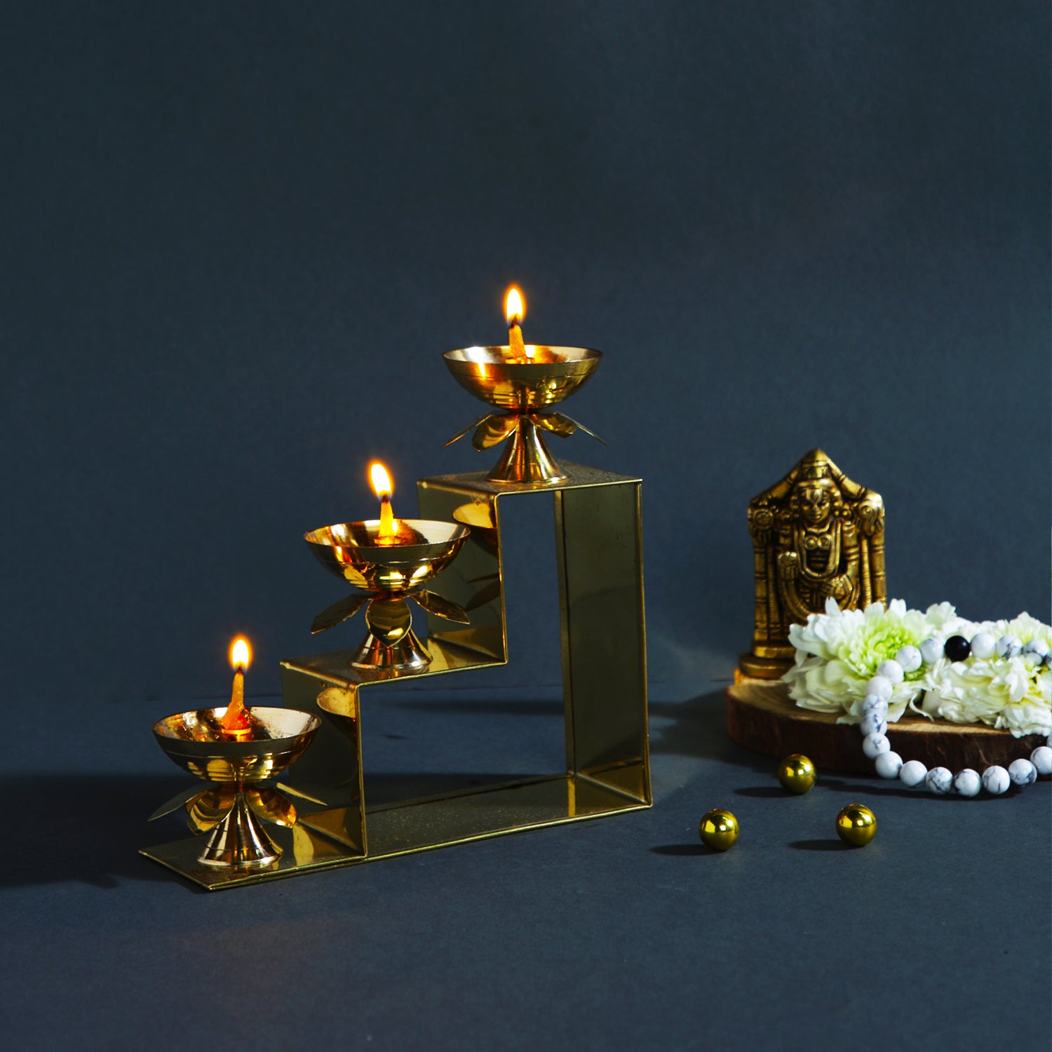 Brass Lotus Diya Piller Stand 3 Step Diya
