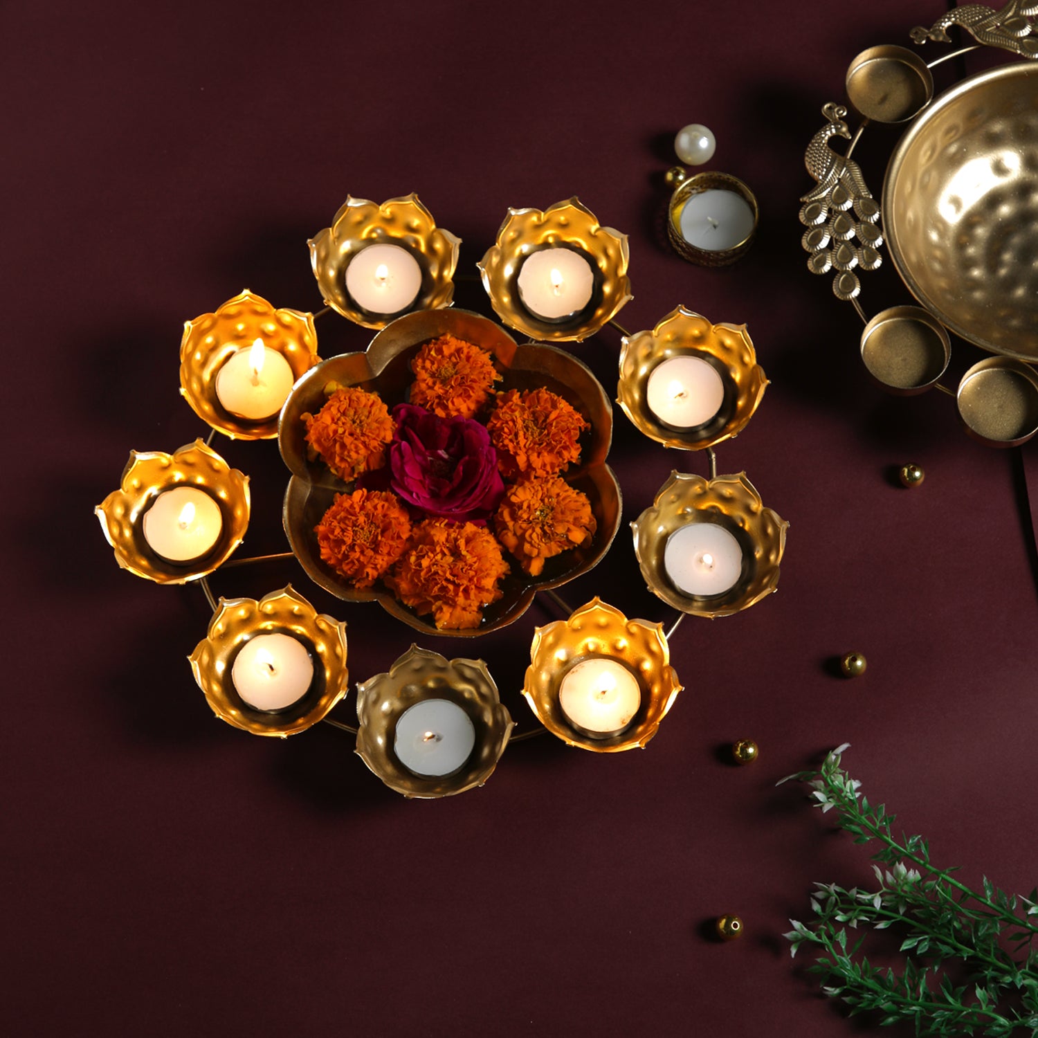 Metal Urli Bowl with 9 Tealight holder