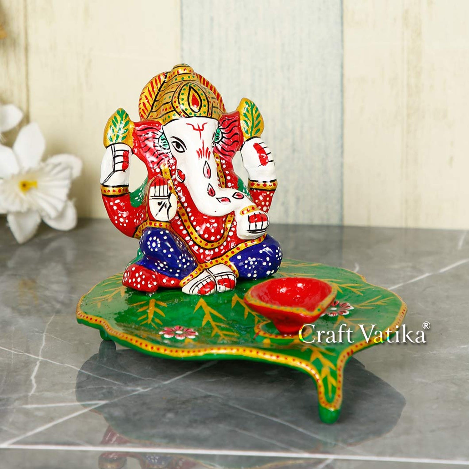 God Ganesha Statue With Decorative Diya Holder Stand