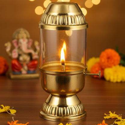 100% Pure Brass Akhand Diya with Adjustable bati Knob, Wick Lifting Screw Lever, Glass Cover  (DFBS569)