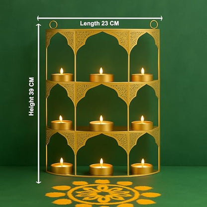Tealight Candle Holder, Festiva Decor Diwali Decoration for Home, Wall Hanging Metal Jharokha Tealight Candle Holder Stand Frame Christmas Diwali Gift Items for Family Friends(TCMH492-1BOX)