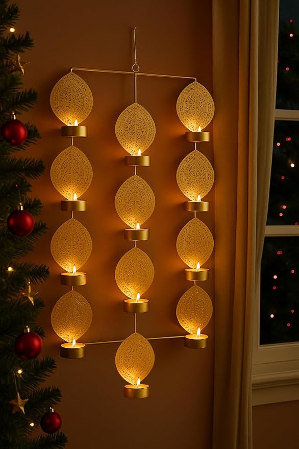Tealight Candle Holder,Festiv Diwali Decor Items, Wall Mounted Hanging Iron Leaf Design Tealight Candle Holder Stand Frame for Home Christmas Diwali Decoration Items, Wall Decor Items(TCMH491-1BOX)