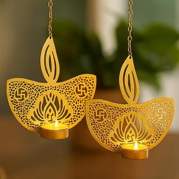 Tealight Candle Holder Set of 2, Diwali Decoration Items,Diya Design Tlight Candle Holder for Home Wall Hanging Decorations(TCMH484-1BOX)