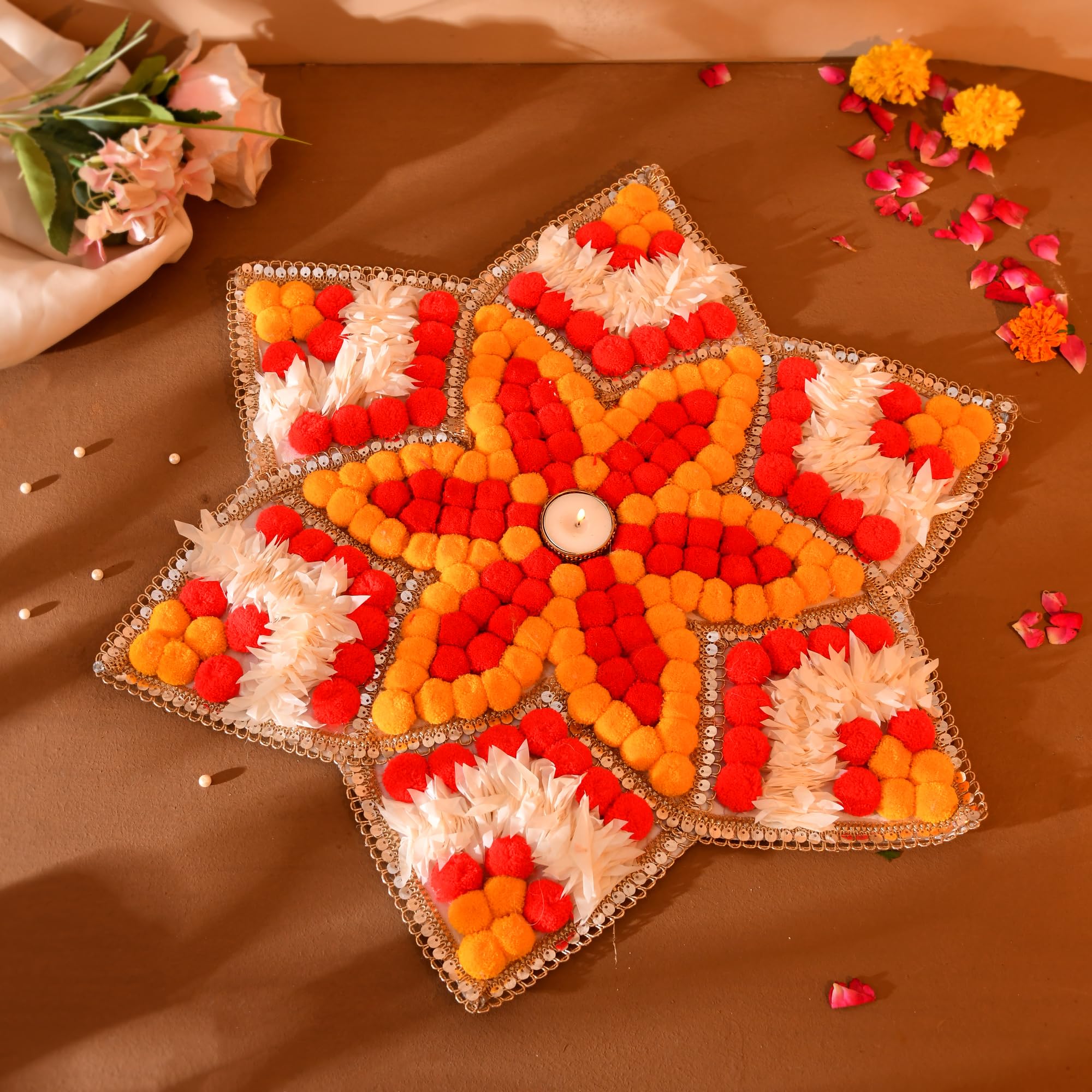 Pom Pom Flower Rangoli Mat, Rangoli Candles Holder Floor Decoration Items ( RANG201 )