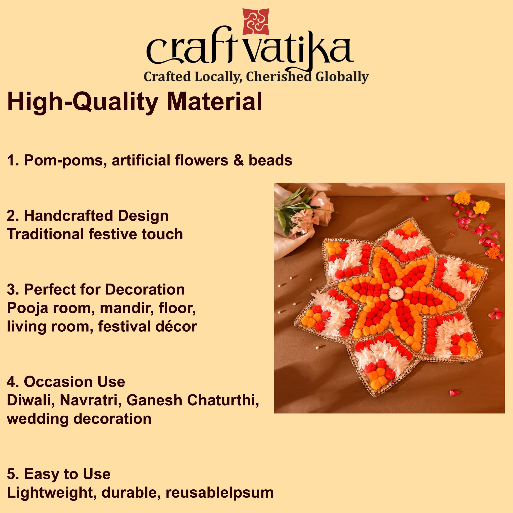 Pom Pom Flower Rangoli Mat, Rangoli Candles Holder Floor Decoration Items ( RANG201 )