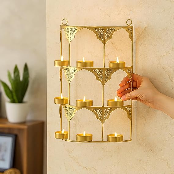 Tealight Candle Holder, Festiva Decor Diwali Decoration for Home, Wall Hanging Metal Jharokha Tealight Candle Holder Stand Frame Christmas Diwali Gift Items for Family Friends(TCMH492-1BOX)
