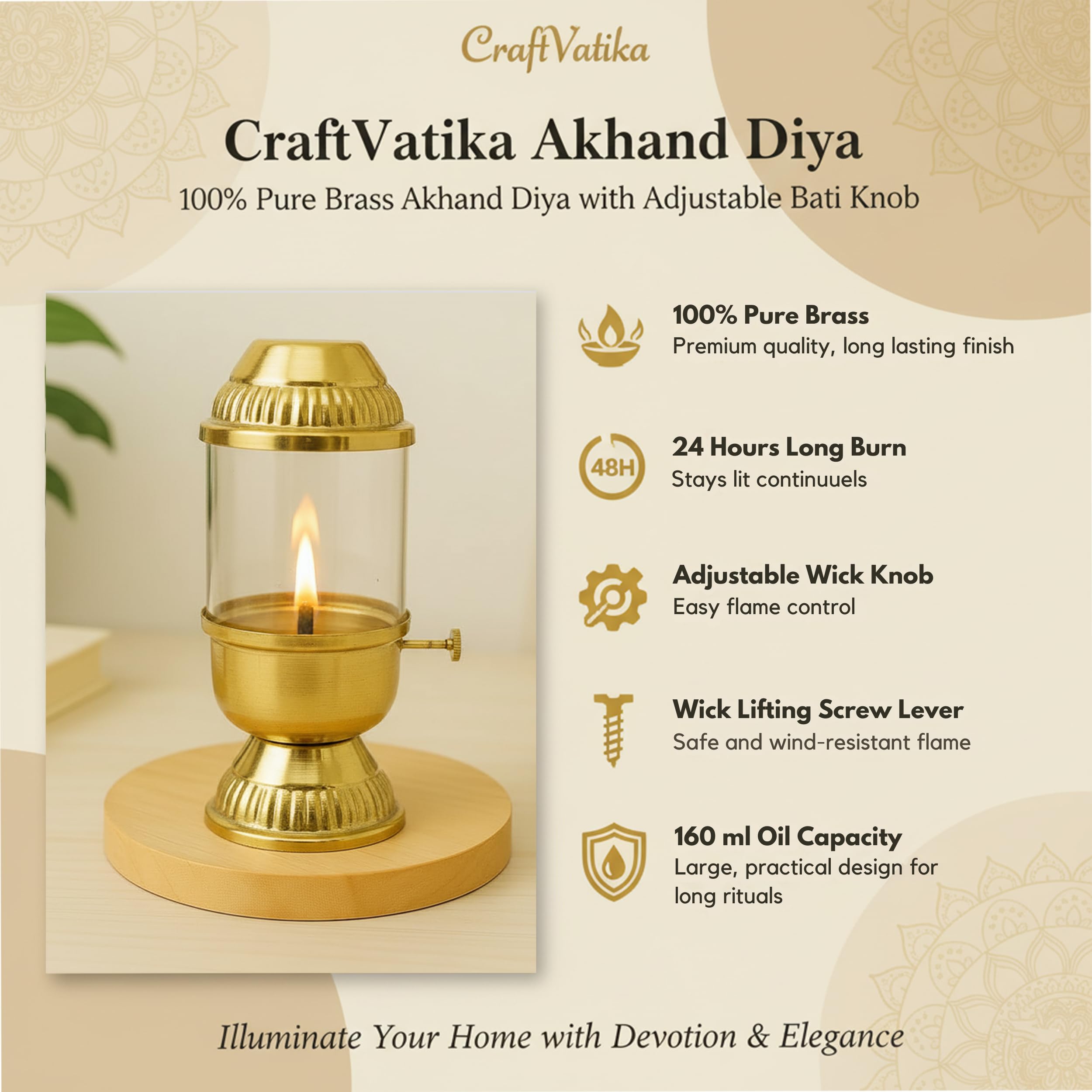 100% Pure Brass Akhand Diya with Adjustable bati Knob, Wick Lifting Screw Lever, Glass Cover  (DFBS569)