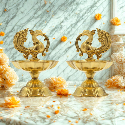 Peacock Design Brass Diya Set of 2, Kuthu Vilakku for Temple, Oil Wick Lamp (DFBS568-2)