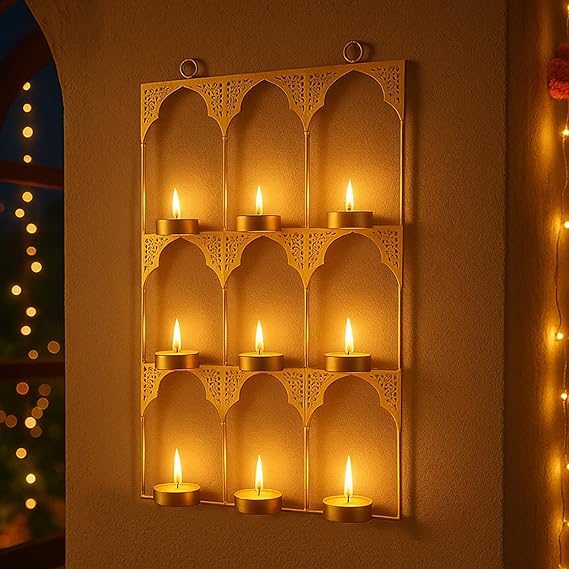 Tealight Candle Holder Festive Decor,Wall Mounted Iron Tealight Candle Holder Stand Frame for Home Christmas Diwali Decoration Items, Diwali Gift Items, Wall Decor, Pooja Decoration Items(TCMH490-1BOX)
