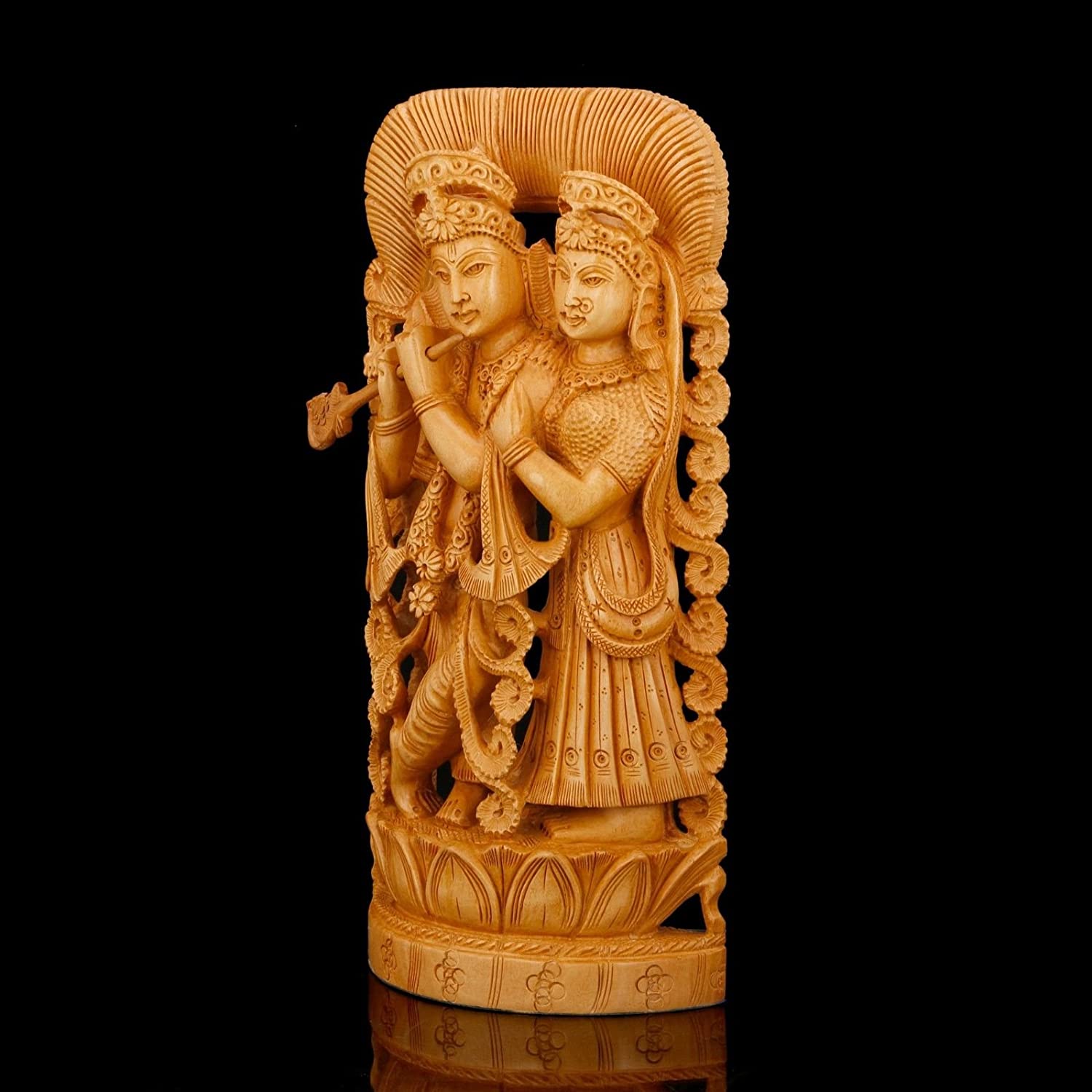 Divine Statue of Radha Krishna on Lotus Wooden Figurine 