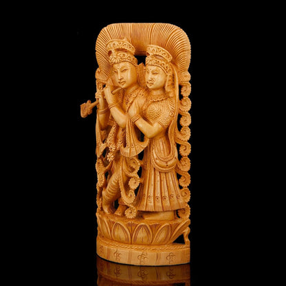 Divine Statue of Radha Krishna on Lotus Wooden Figurine 