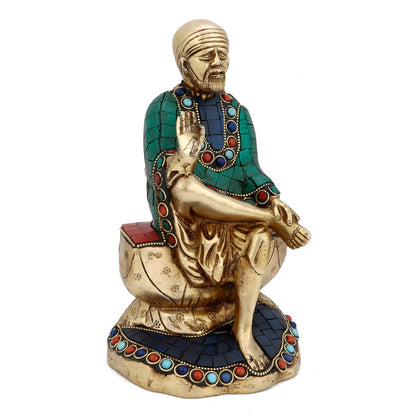 Brass Blessing Sai Baba Seating On Rock Idol Showpiece Sits106