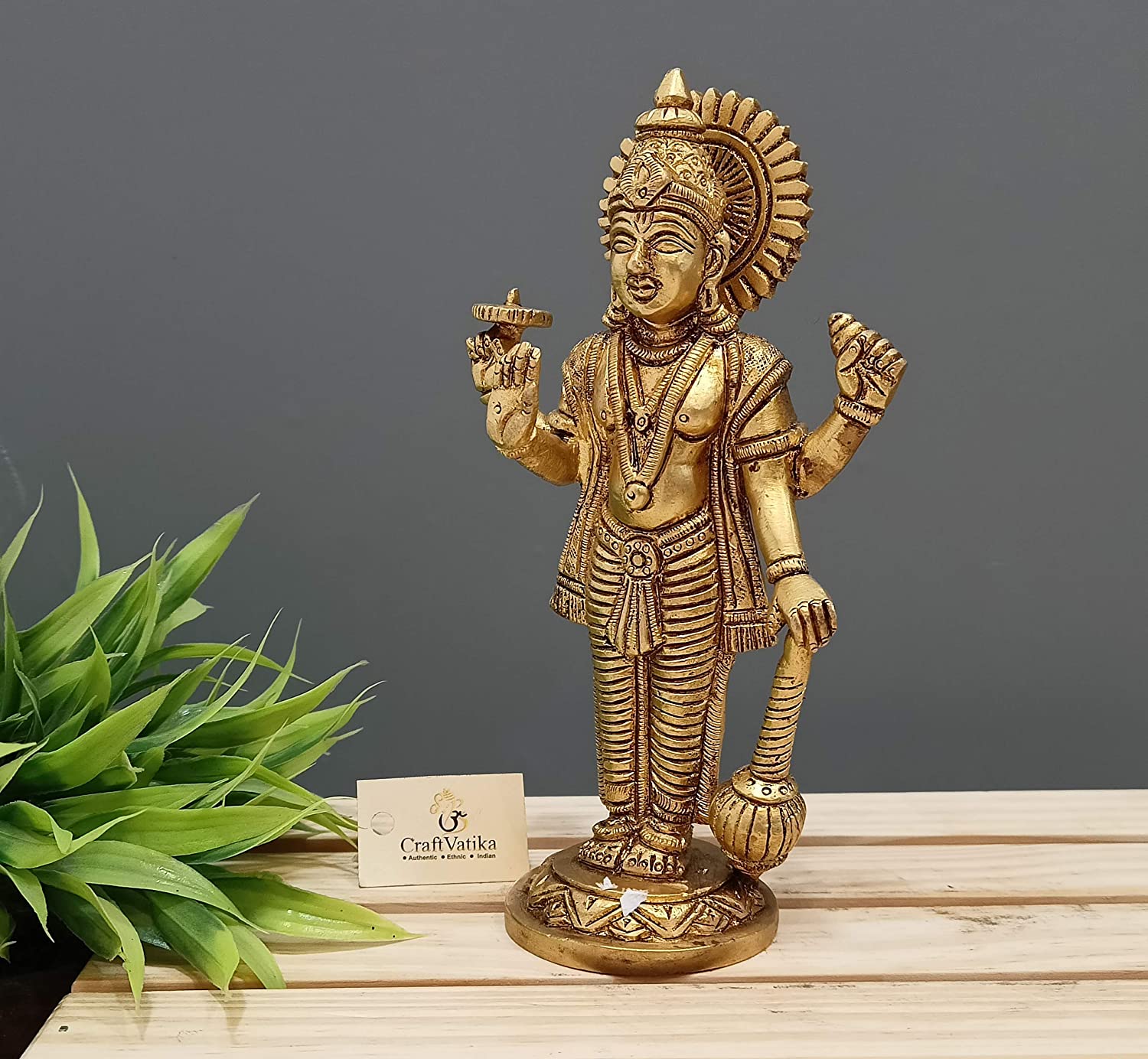 Brass Standing Vishnu Idol Murti Holding Club Statue