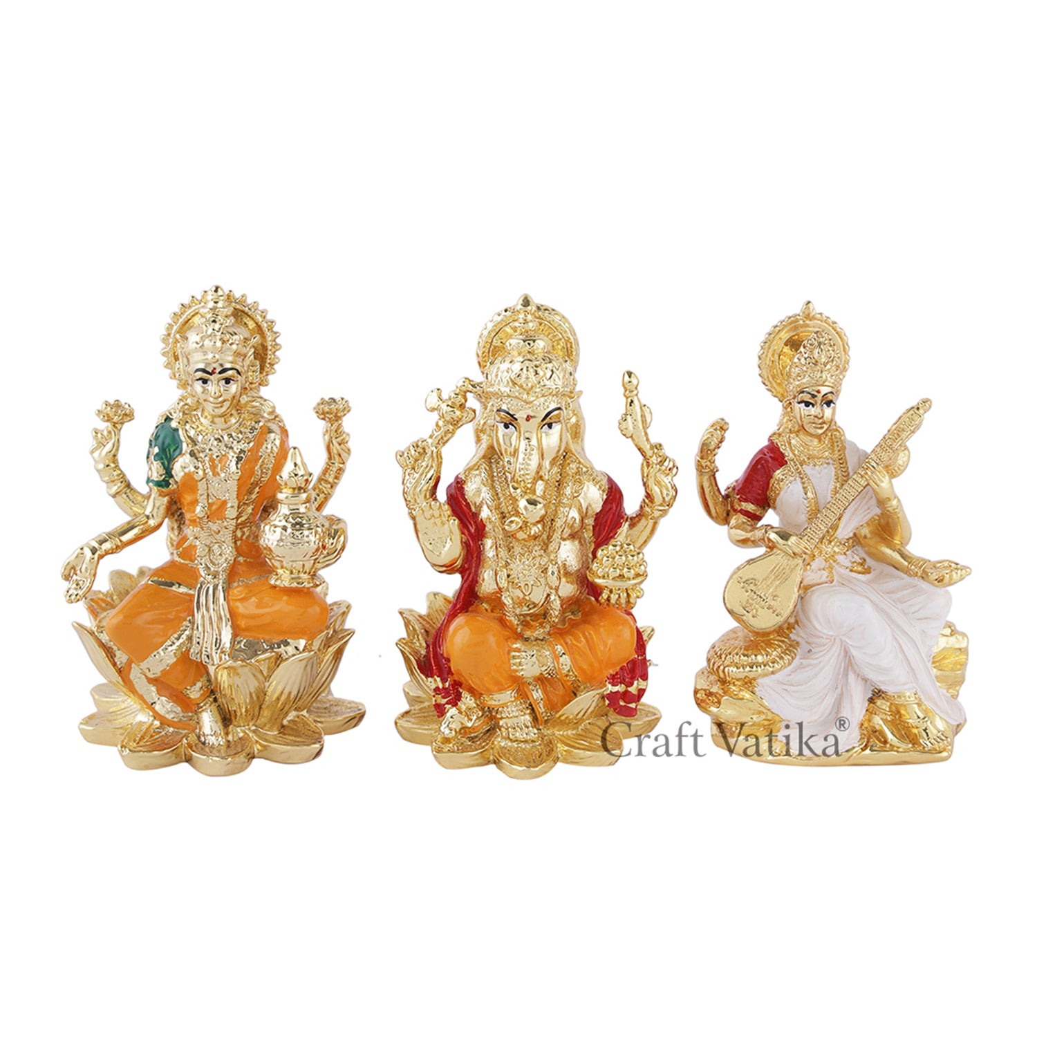 Hindu Deity Idol of Lakshmi-Ganesha-Saraswati Ceramic Idol 
