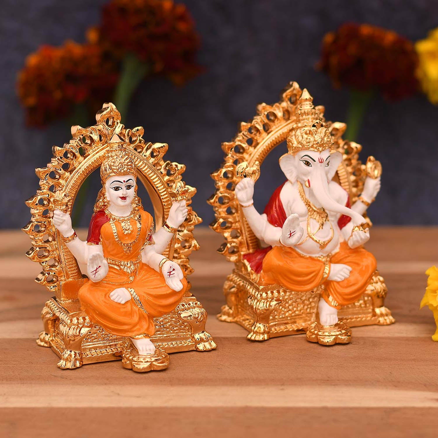 Gold Electroplated Goddess Lakshmi God Ganesha Statue