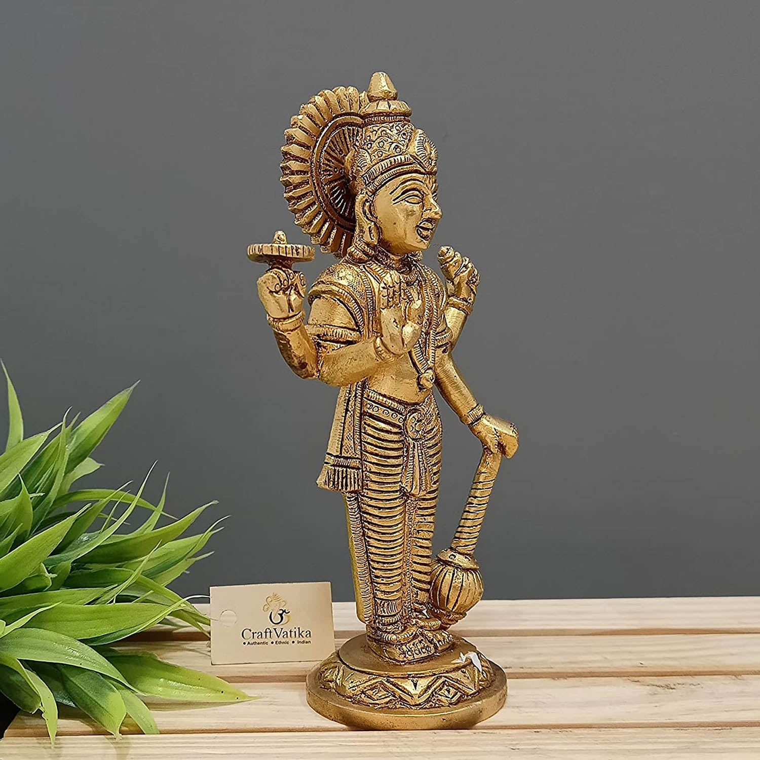 Brass Standing Vishnu Idol Murti Holding Club Statue