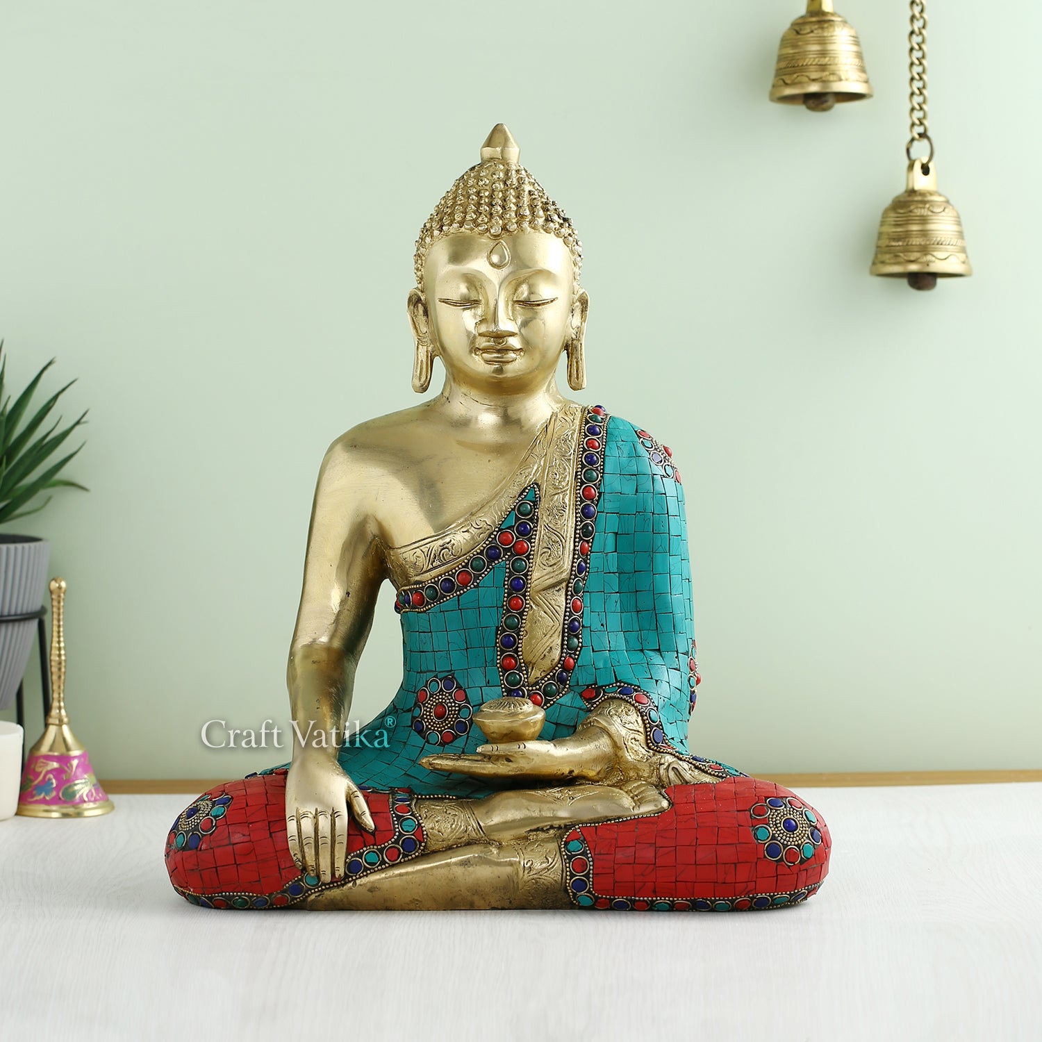 Buddha Brass Statue In Bhumisparsha Mudra With Stone Work Bts222